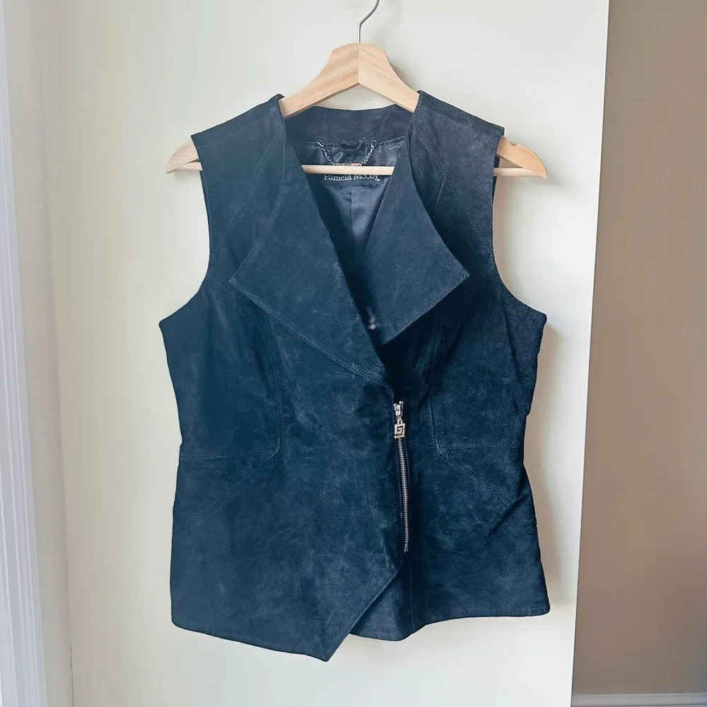 Pamela‎ McCoy Couture Black Suede Leather Asymmetrical Zip Vest Womens XS - Picture 2 of 13